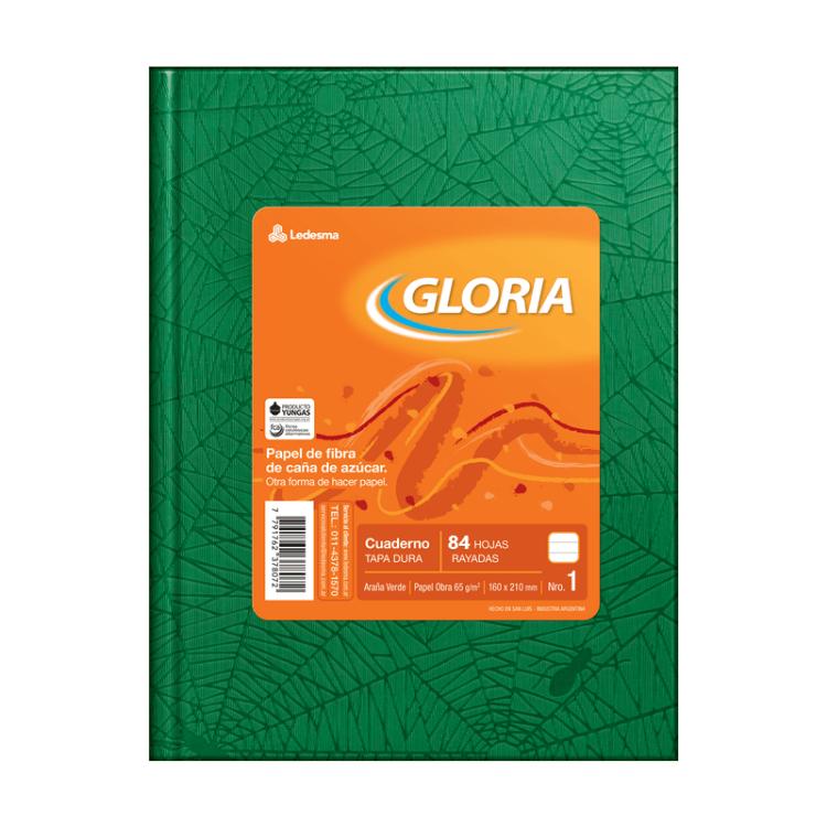 Cuaderno Gloria Tapa Dura N°1 16x21cm Forrado Verde 84 Hojas Rayado
