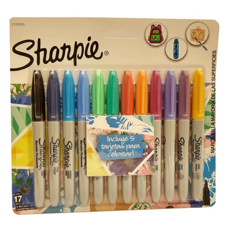 Marcadores Sharpie Fino Tropical Blister X 12 + 5 Tarjetas Para Colorear