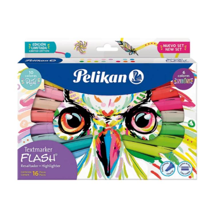 Set Resaltador Pelikan Textmarker Flash x 16 Buho 10 Pastel + 6 Neón) Art.LQ41900500