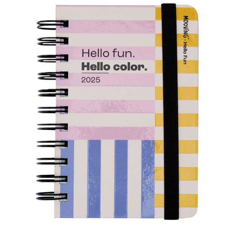 Agenda Mooving 2025 Hello Fun Hello Color 2 Dias por Pagina 10 x 15 cm Espiralada Art.1402155